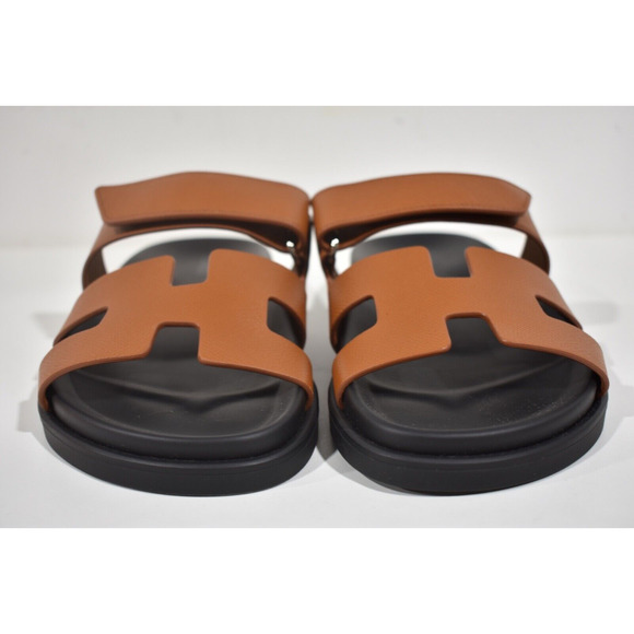 Hermes Chypre Sandal Natural Brown Gold Black H Logo Slide Slip On Flat 37.5 - Picture 6 of 12